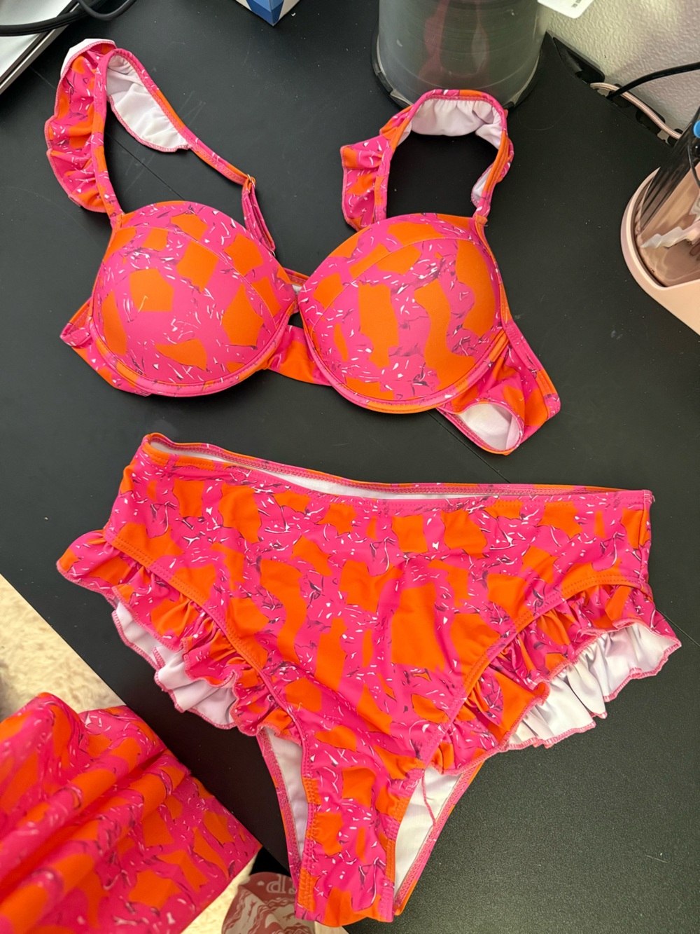 Vibrant Pink & Orange Two-Piece Swimsuit Set with coverup